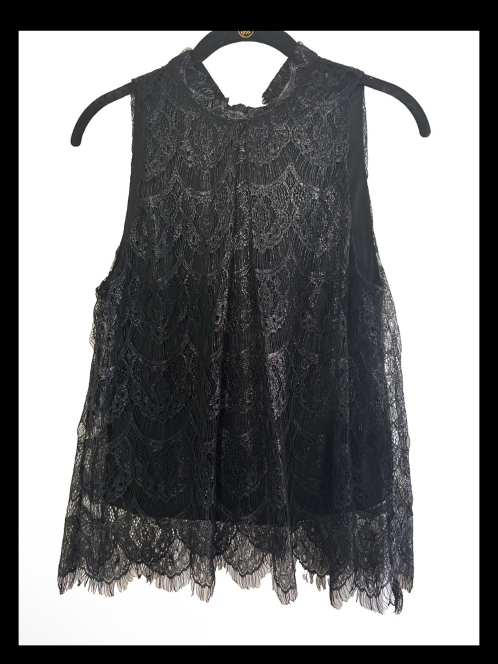 love, Fire Black Size M Lace & Shimmery Mock-Neck Sleeveless Blouse